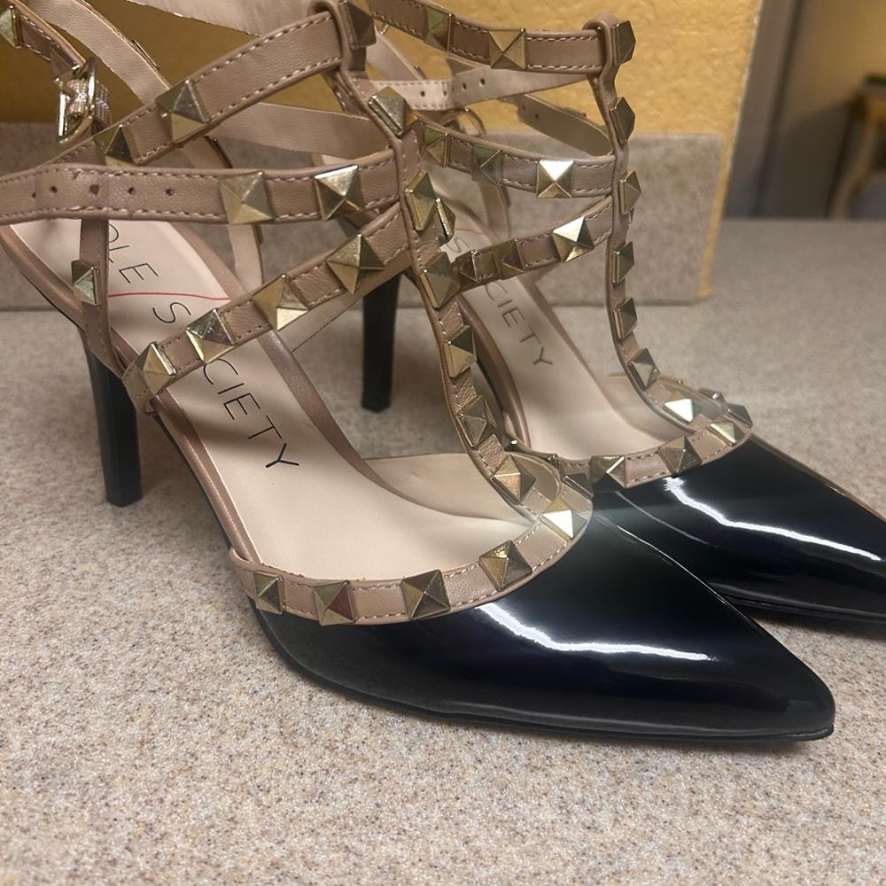 Black and Tan Strappy High Heels